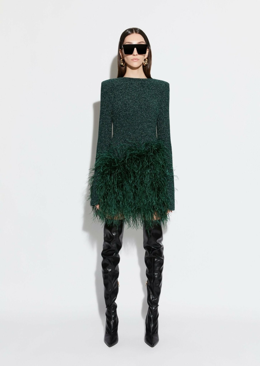 Feathers|Dresses LAPOINTE | Metallic Jersey Dress With Feathers Emerald