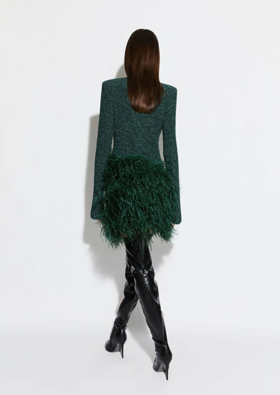 Feathers|Dresses LAPOINTE | Metallic Jersey Dress With Feathers Emerald