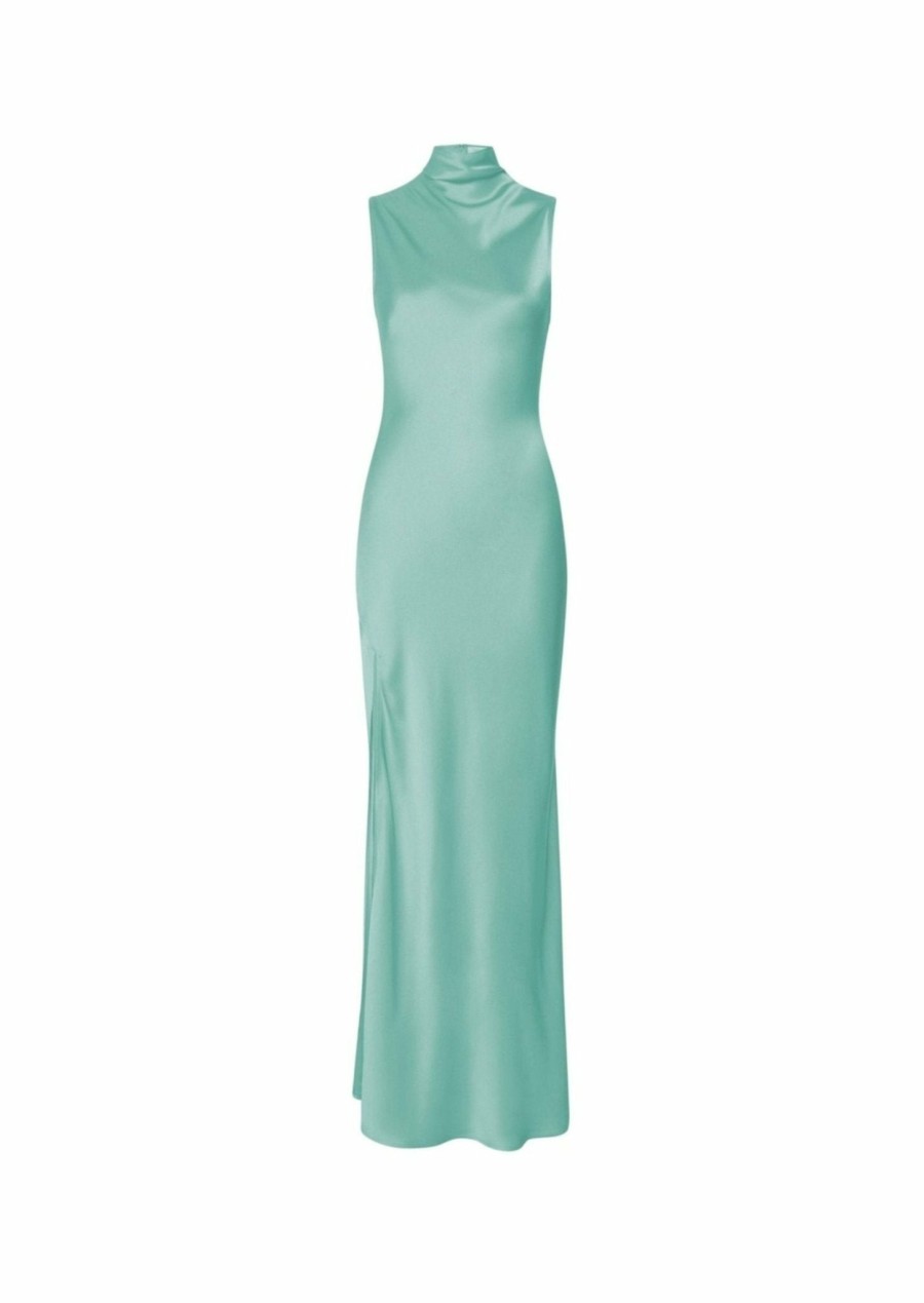 Dresses LAPOINTE | Satin Drape Neck Sleeveless Dress Aqua