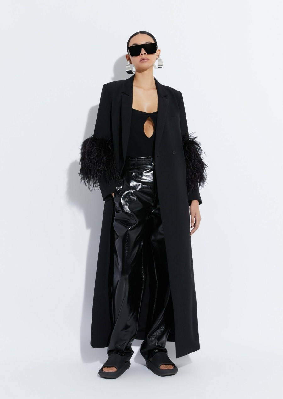 Feathers|Outerwear LAPOINTE | Matte Crepe Elongated Coat With Feathers Black