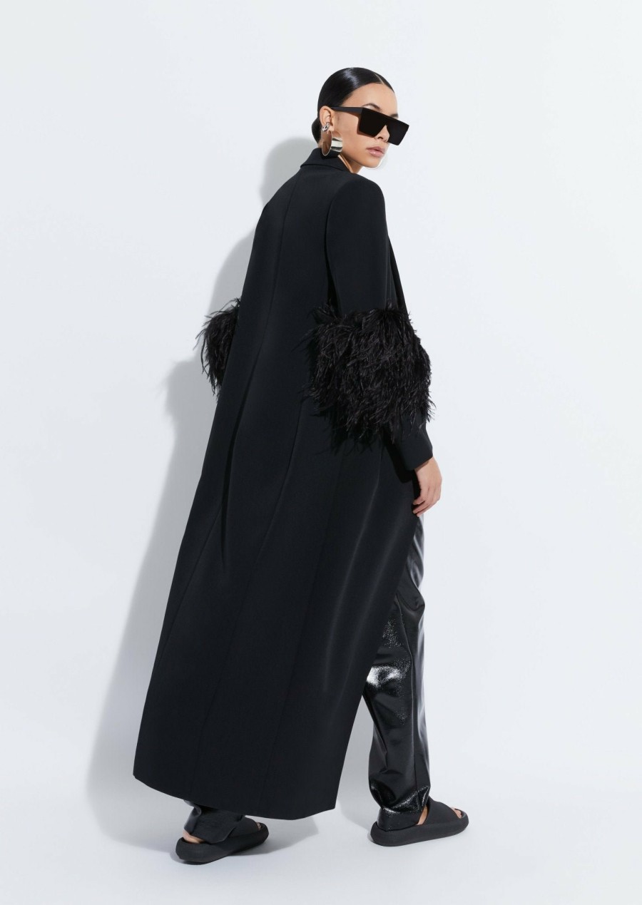 Feathers|Outerwear LAPOINTE | Matte Crepe Elongated Coat With Feathers Black