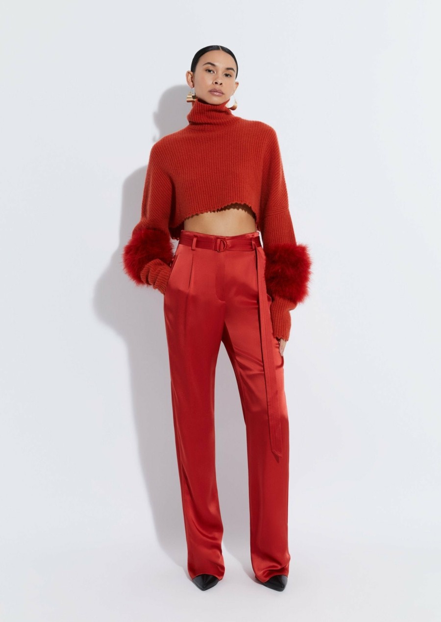 Knitwear|Feathers|Tops LAPOINTE | Airy Cashmere Cropped Turtleneck With Marabou Feathers Carnelian