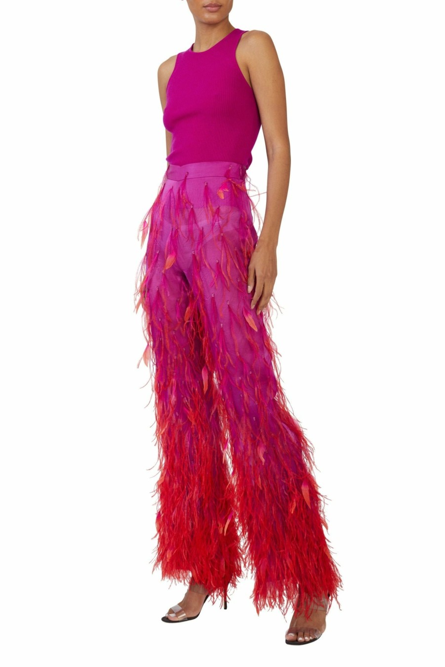 Feathers|Bottoms LAPOINTE | Organza Ombre Feather Embroidery Trouser Neon Purple