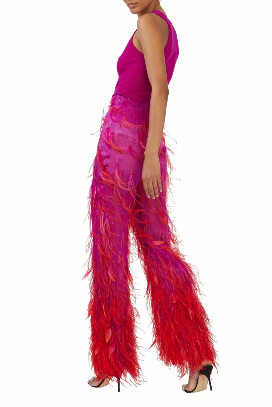 Feathers|Bottoms LAPOINTE | Organza Ombre Feather Embroidery Trouser Neon Purple