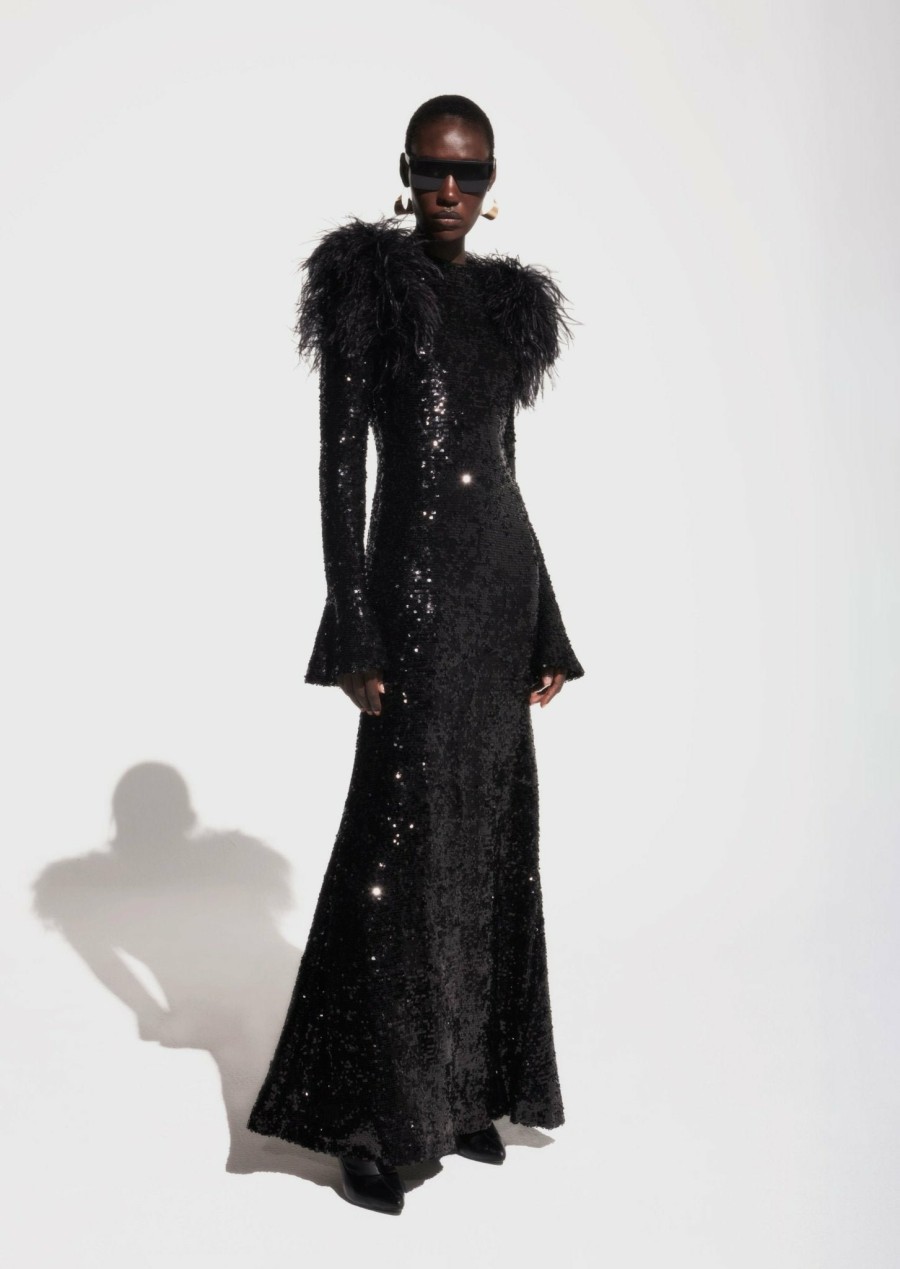 Feathers|Dresses LAPOINTE | Sequin Flare Sleeve Dress With Feathers Black