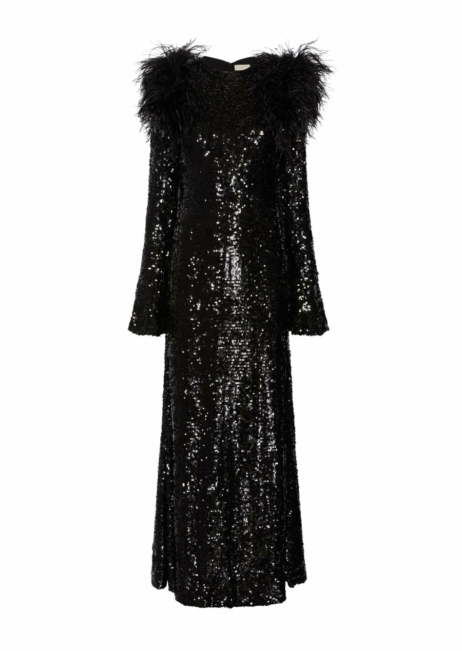 Feathers|Dresses LAPOINTE | Sequin Flare Sleeve Dress With Feathers Black