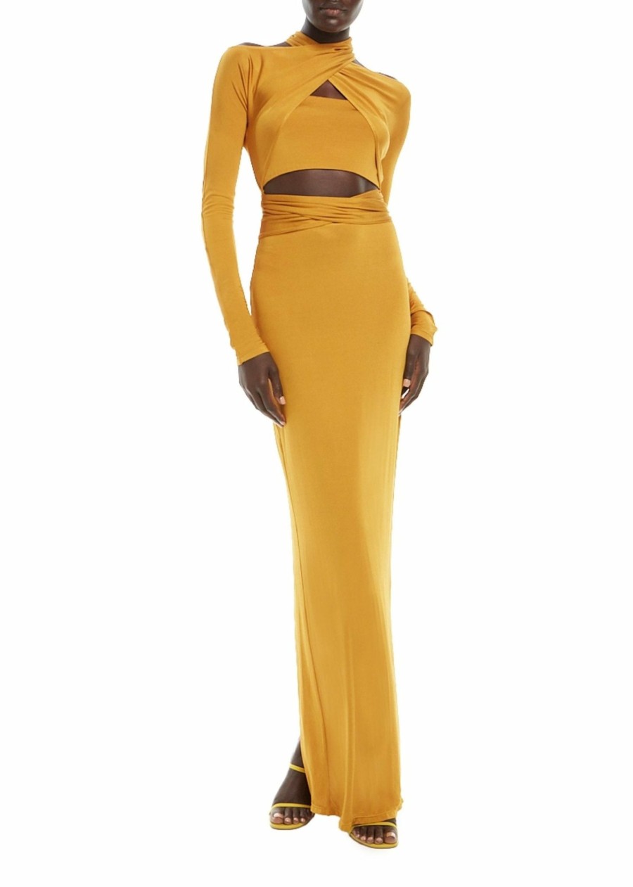 Dresses LAPOINTE | Jersey Longsleeve Cutout Wrap Dress Mustard