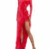 Feathers|Dresses LAPOINTE | Shiny Viscose Cut-Out Dress With Feathers Cerise