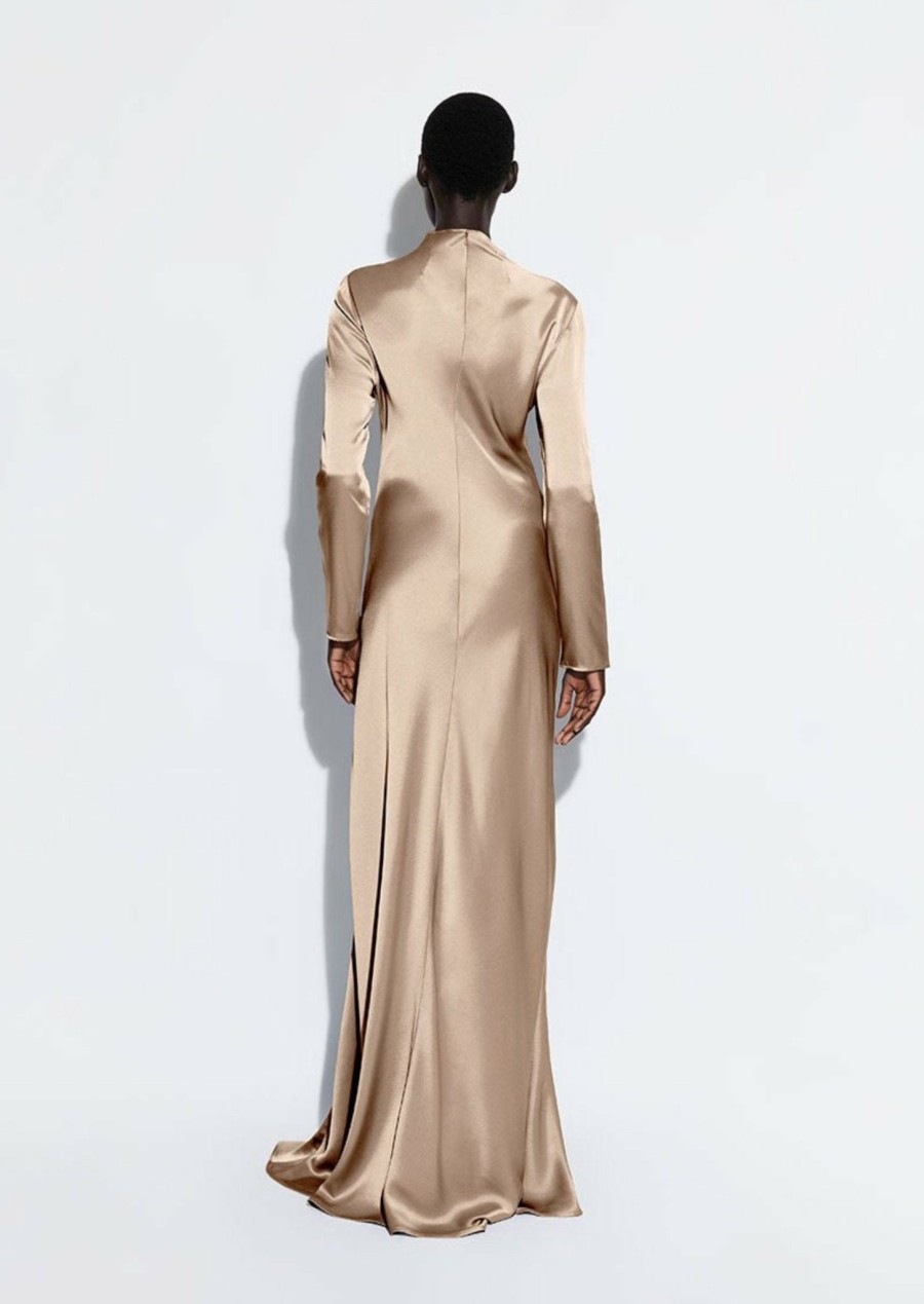 Dresses LAPOINTE | Satin Bias Tab Gown With Slit Taupe