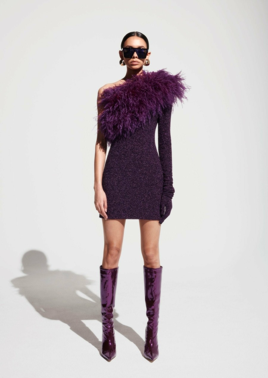 Feathers|Dresses LAPOINTE | Metallic Jersey One Shoulder Dress With Feathers Amethyst