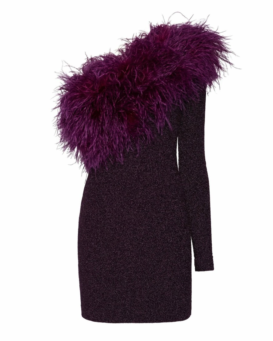 Feathers|Dresses LAPOINTE | Metallic Jersey One Shoulder Dress With Feathers Amethyst