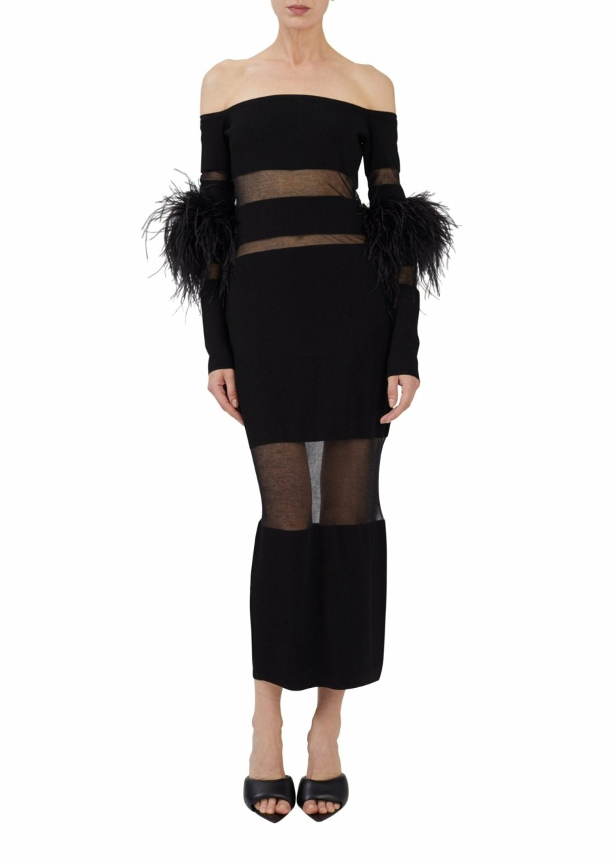 Knitwear|Feathers|Dresses LAPOINTE | Cotton Viscose Intarsia Feather Dress Black