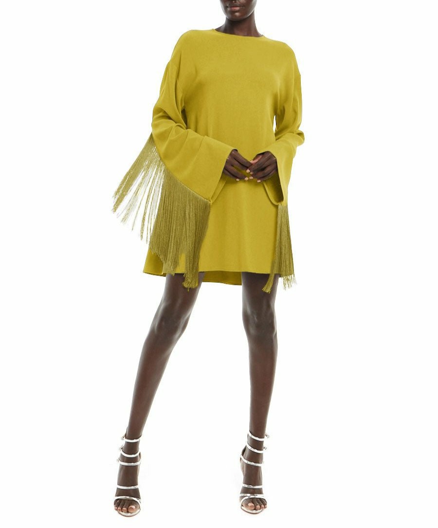 Dresses LAPOINTE | Crepe Shift Dress With Fringe Chartreuse