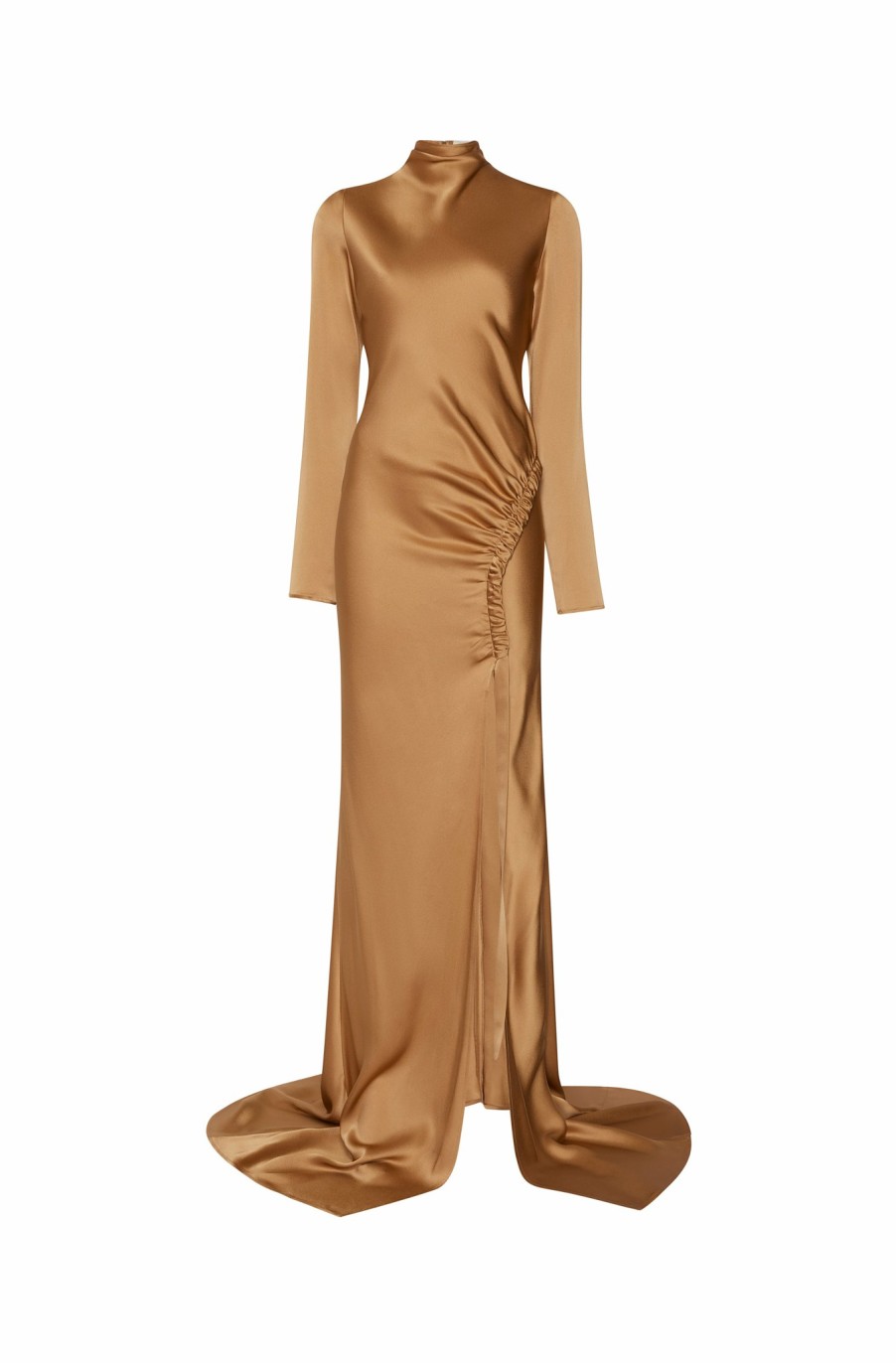 Dresses LAPOINTE | Satin Bias Tab Gown With Slit Camel