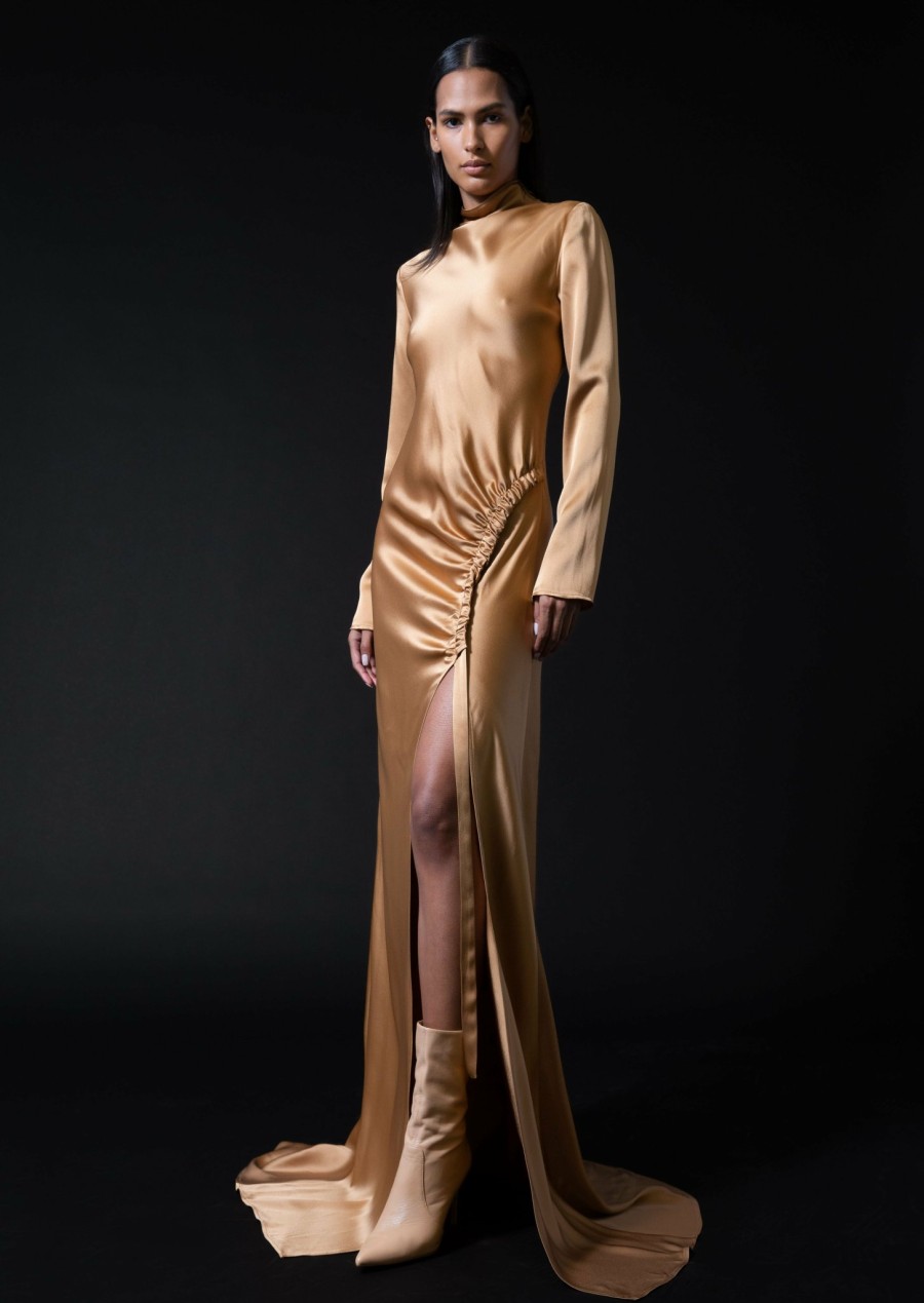 Dresses LAPOINTE | Satin Bias Tab Gown With Slit Camel