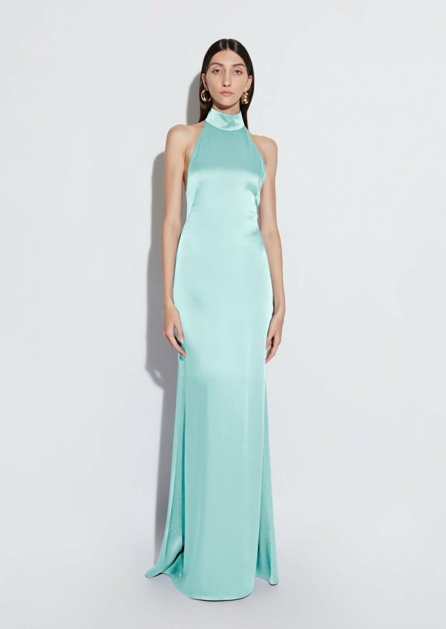 Dresses LAPOINTE | Satin Halter Open Back Gown Seafoam