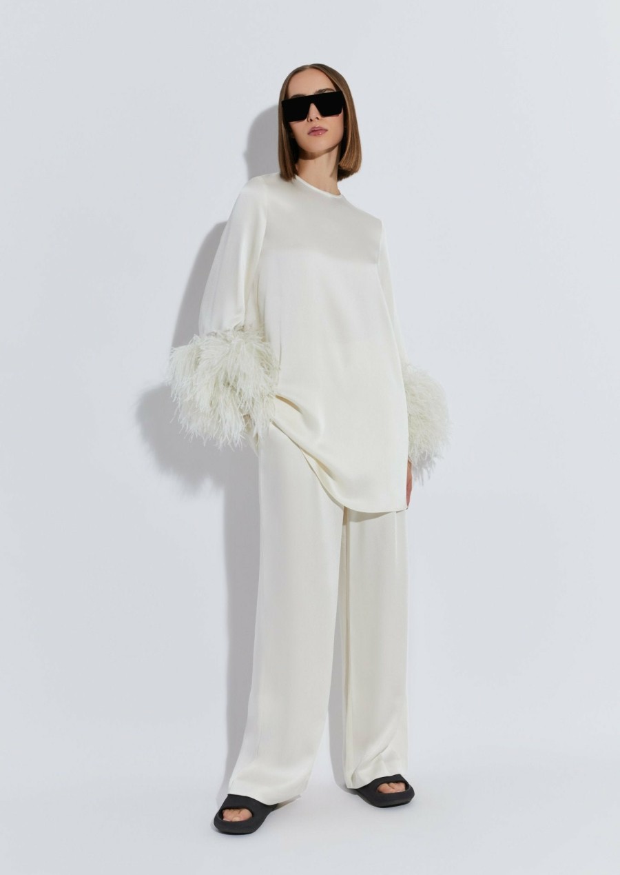 Bridal|Feathers|Dresses LAPOINTE | Satin Shift Dress With Feathers Cream