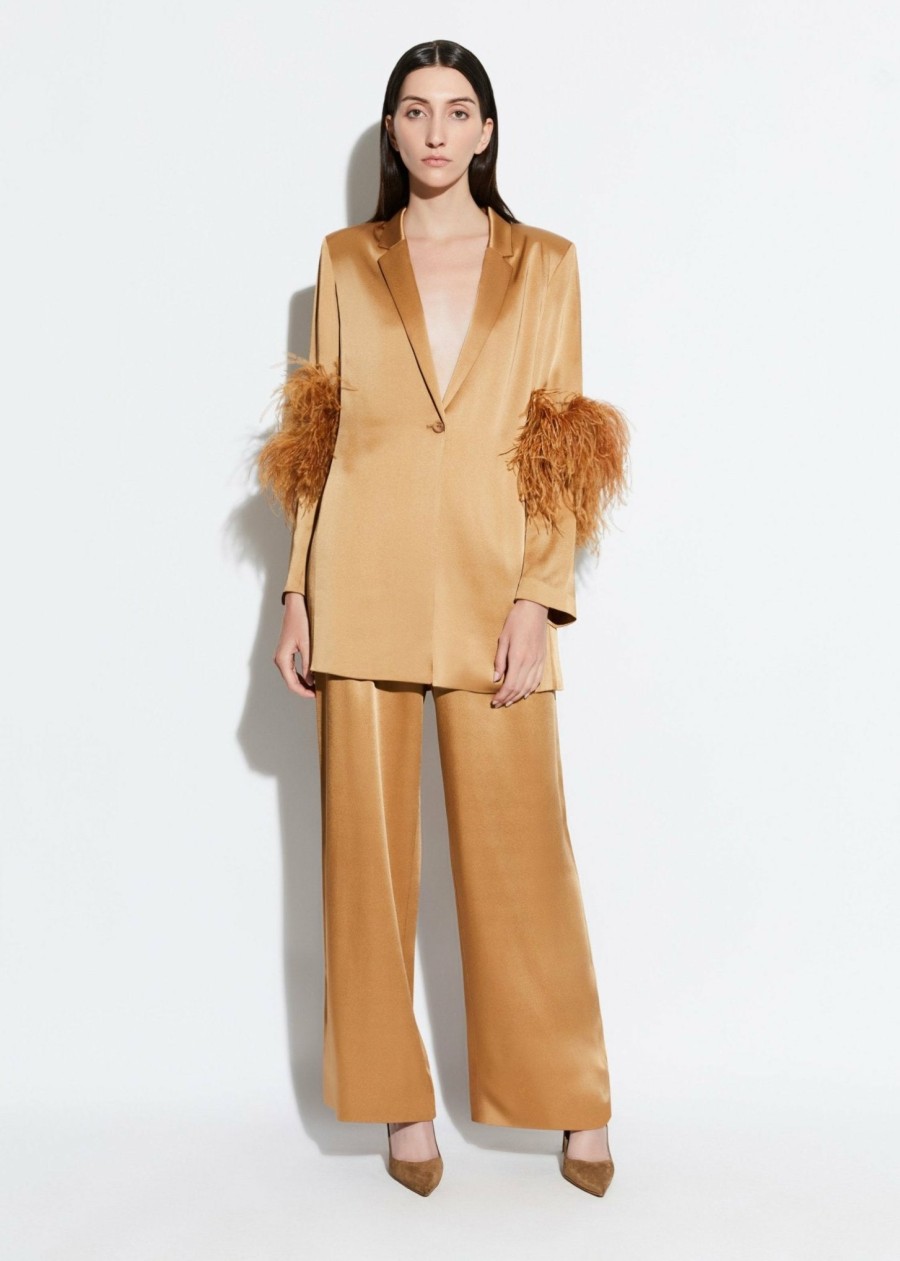 Jackets|Feathers LAPOINTE | Satin Single Breasted Blazer With Feathers Camel