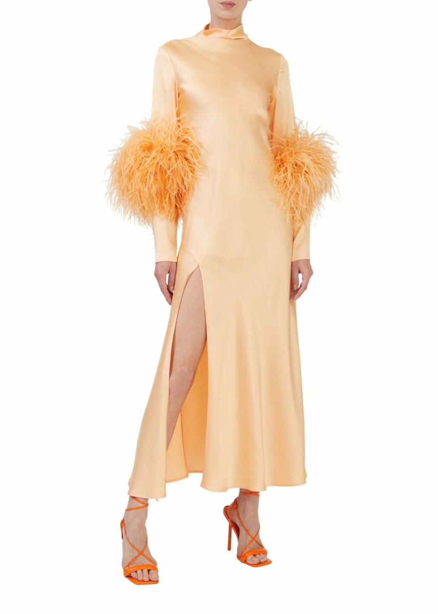 Feathers|Dresses LAPOINTE | Satin Bias Feather Dress With Slit Melon