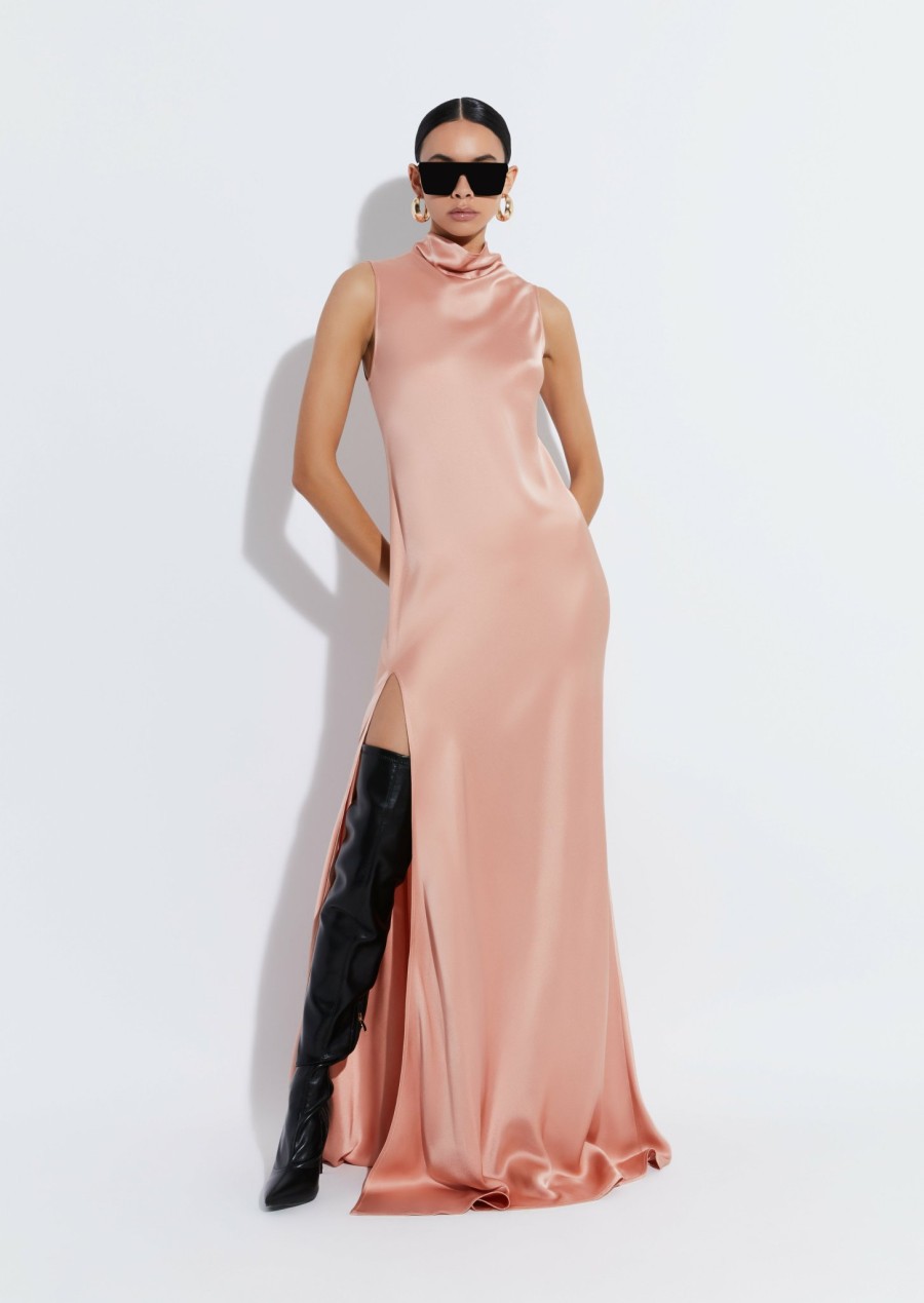 Dresses LAPOINTE | Satin Drape Neck Sleeveless Gown Dune