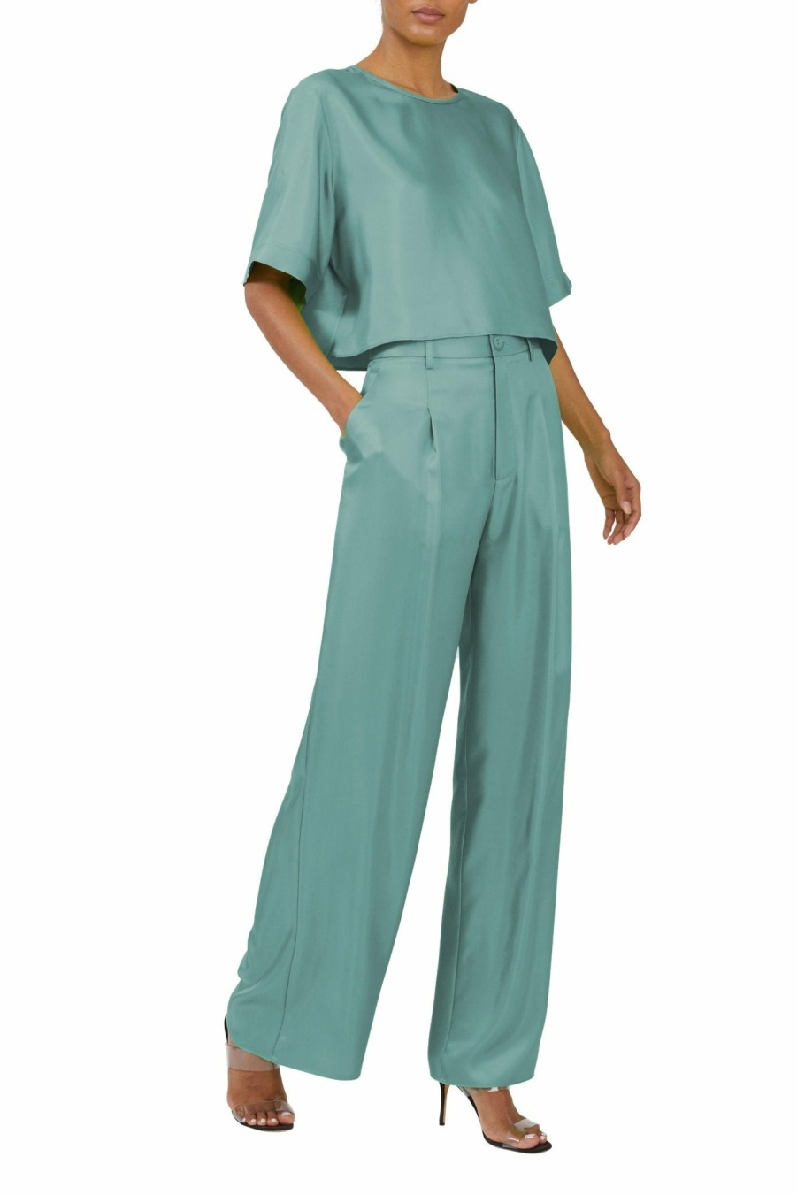 Bottoms LAPOINTE | Silky Twill Relaxed Pleated Pant Sea Green