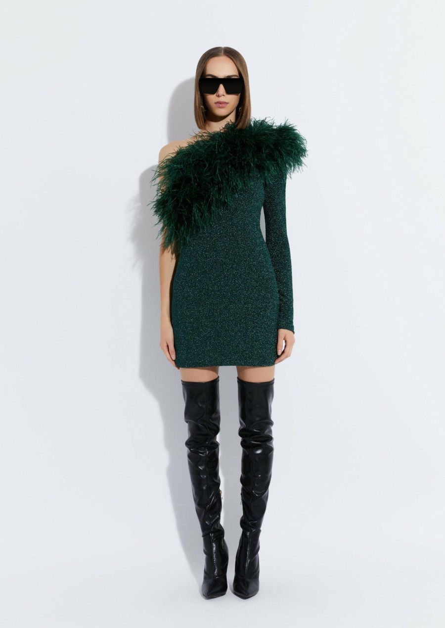 Feathers LAPOINTE | Metallic Jersey One Shoulder Dress With Feathers Emerald