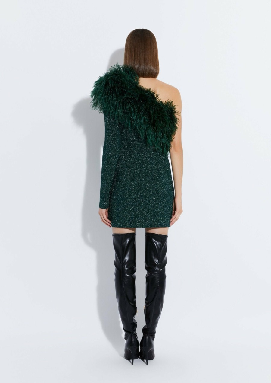 Feathers LAPOINTE | Metallic Jersey One Shoulder Dress With Feathers Emerald