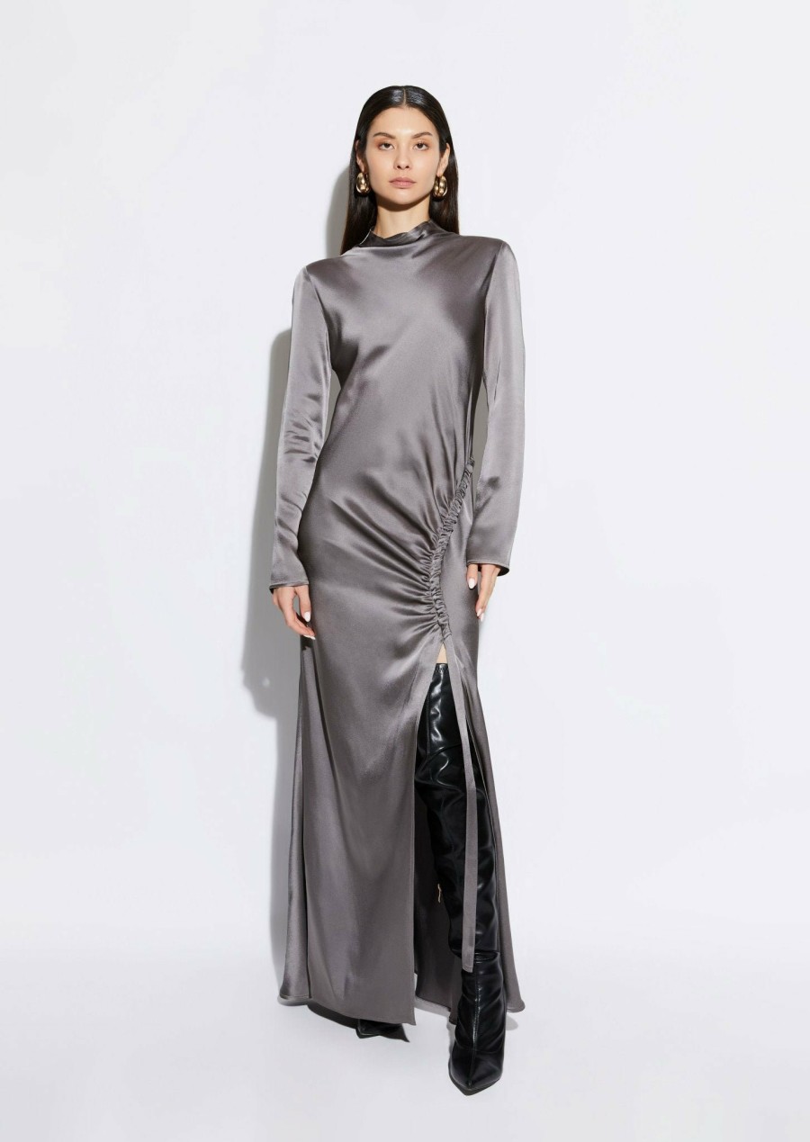 Dresses LAPOINTE | Satin Bias Tab Dress With Slit Steel