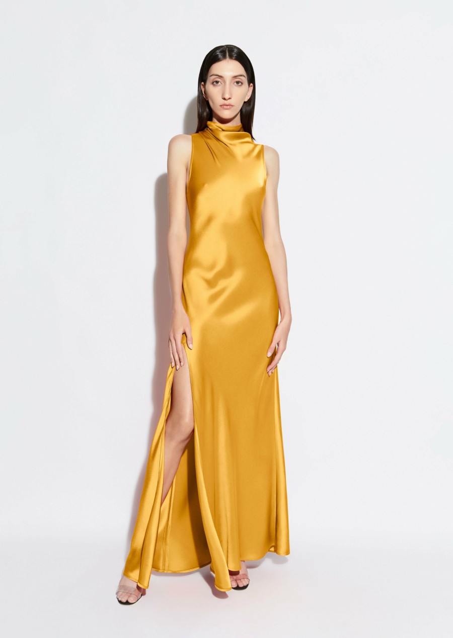 Dresses LAPOINTE | Satin Drape Neck Sleeveless Dress Mustard