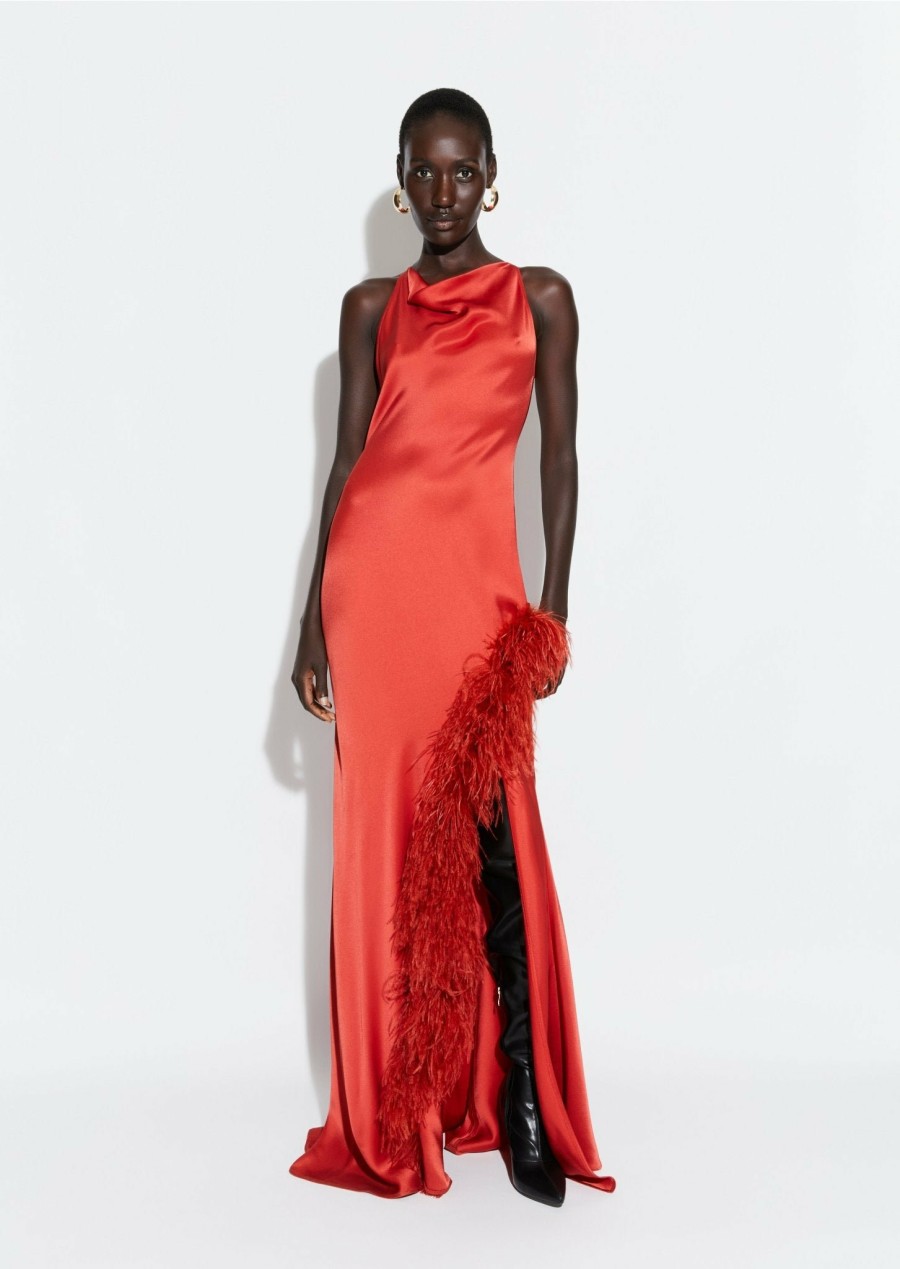 Feathers|Dresses LAPOINTE | Satin Halter Gown With Feathers Carnelian