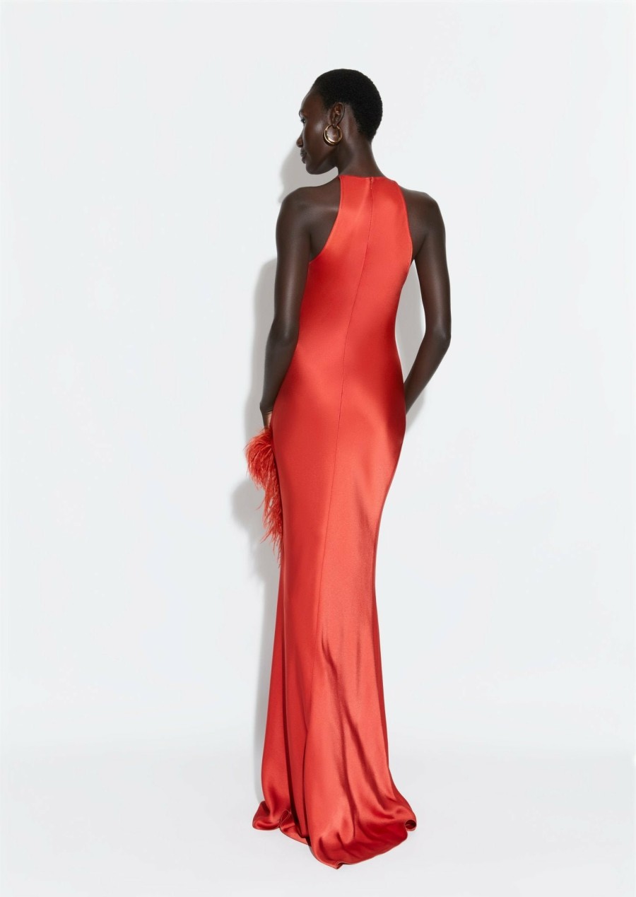 Feathers|Dresses LAPOINTE | Satin Halter Gown With Feathers Carnelian