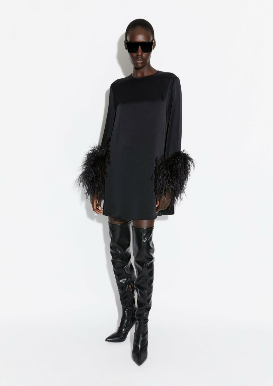 Feathers|Dresses LAPOINTE | Satin Shift Dress With Feathers Black