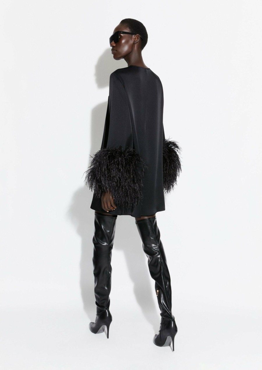 Feathers|Dresses LAPOINTE | Satin Shift Dress With Feathers Black