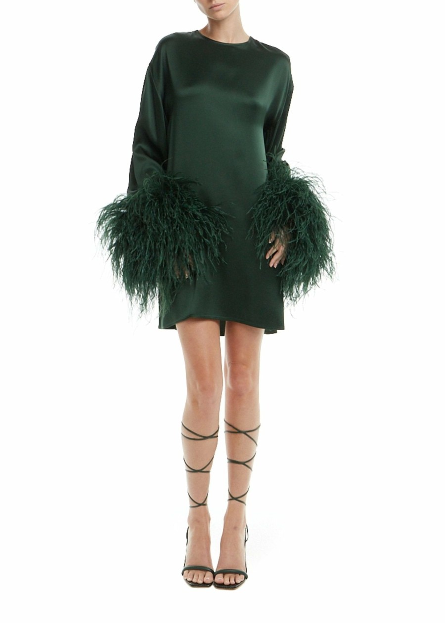 Feathers|Dresses LAPOINTE | Satin Shift Dress With Feathers Forest