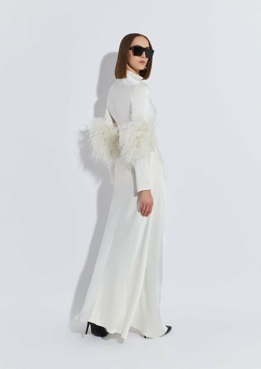 Bridal|Feathers|Dresses LAPOINTE | Satin Bias Feather Tab Gown With Slit Cream