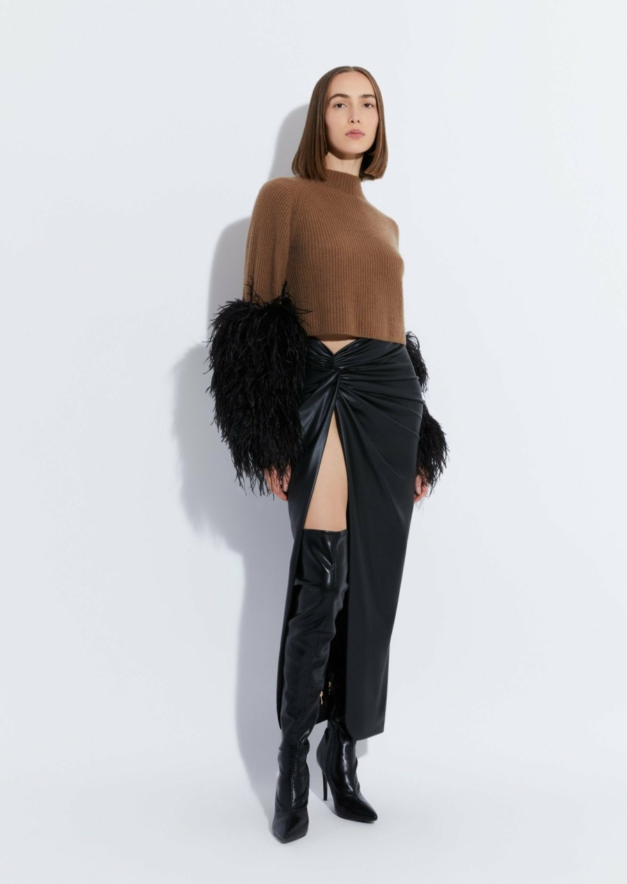 Knitwear|Feathers|Tops LAPOINTE | Cashmere Silk Cropped Raglan Sweater With Feather Sleeve Camel