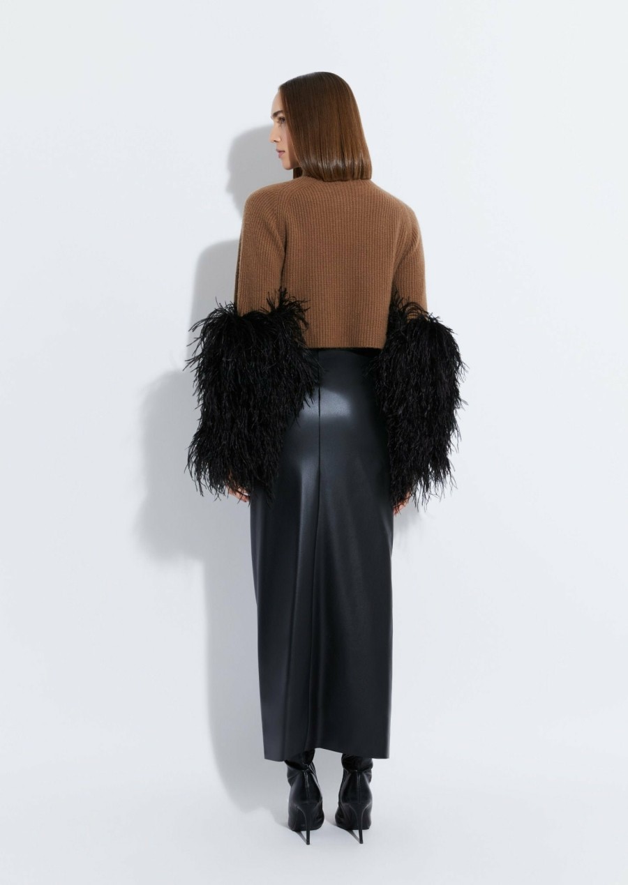 Knitwear|Feathers|Tops LAPOINTE | Cashmere Silk Cropped Raglan Sweater With Feather Sleeve Camel