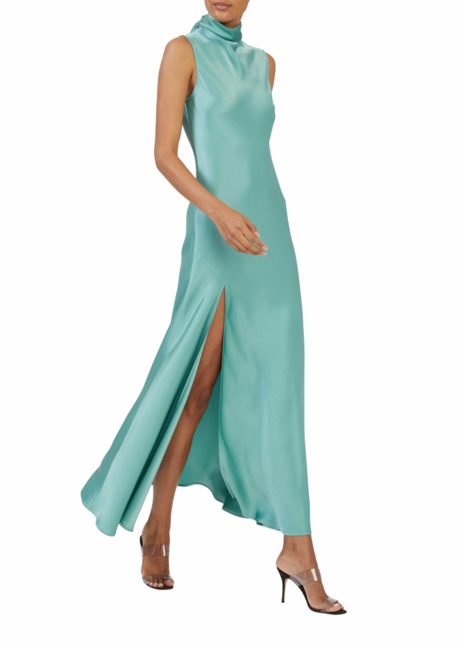 Dresses LAPOINTE | Satin Drape Neck Sleeveless Dress Sea Green