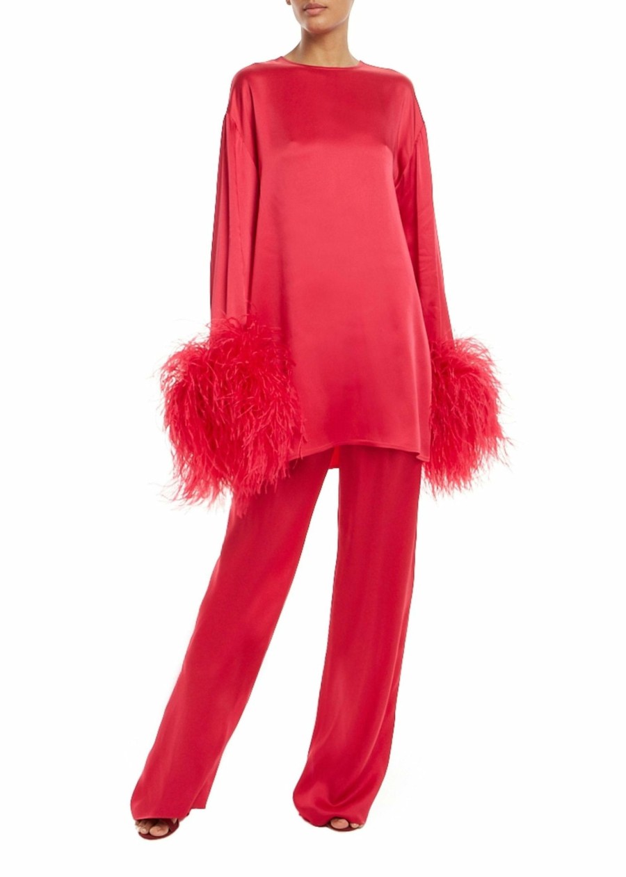 Feathers|Dresses LAPOINTE | Satin Shift Dress With Feathers Cerise