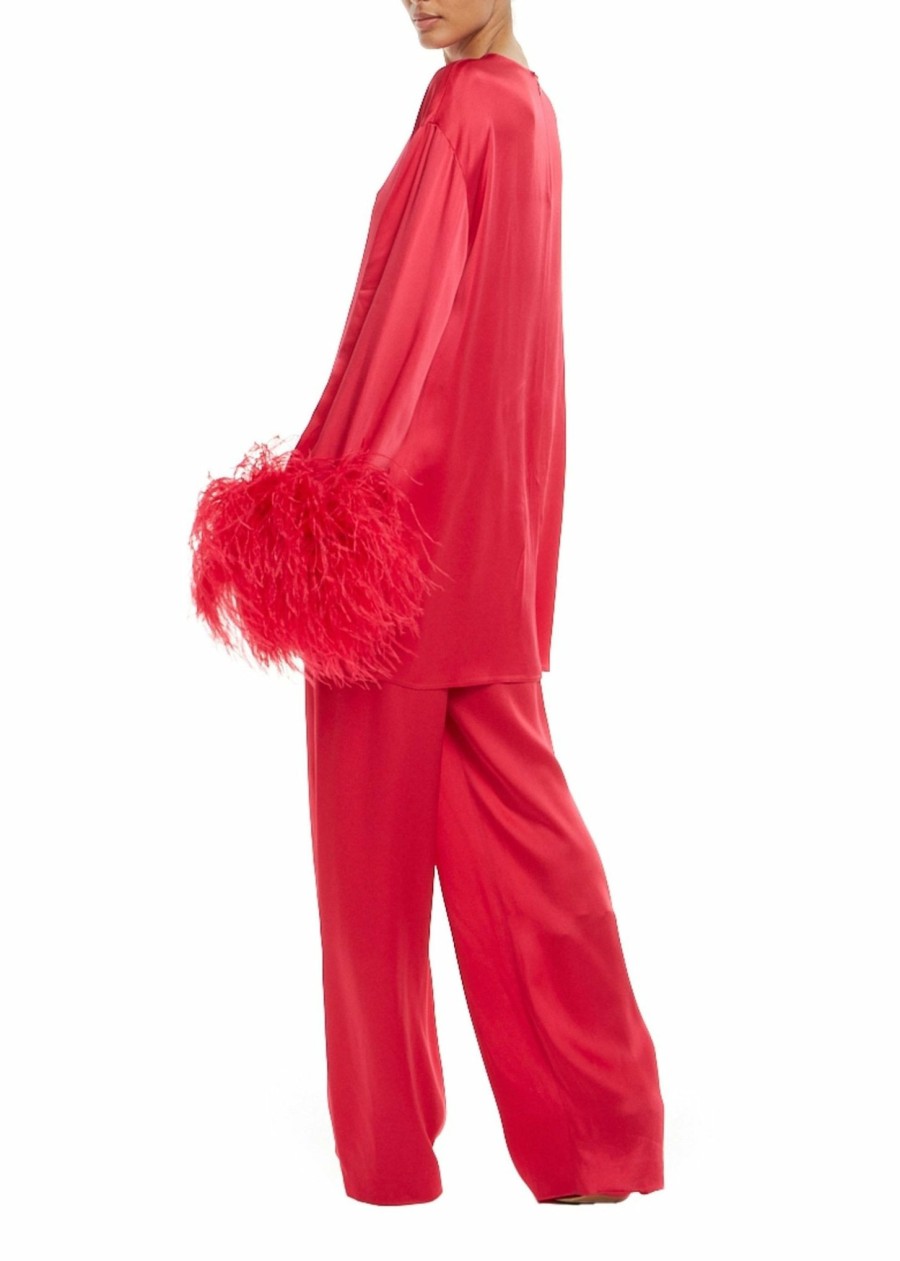 Feathers|Dresses LAPOINTE | Satin Shift Dress With Feathers Cerise