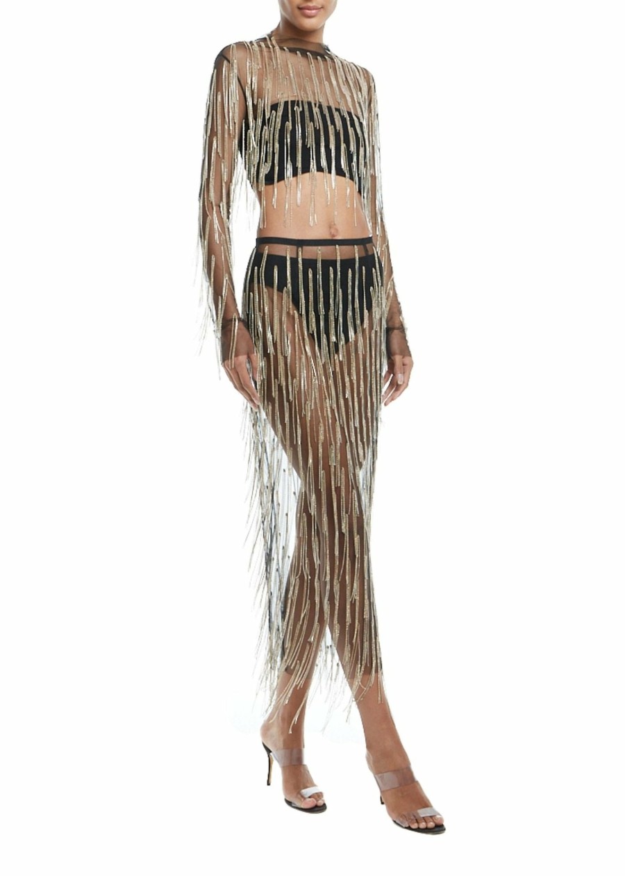 Tops LAPOINTE | Mesh Diamond Fringe Cropped Top Black