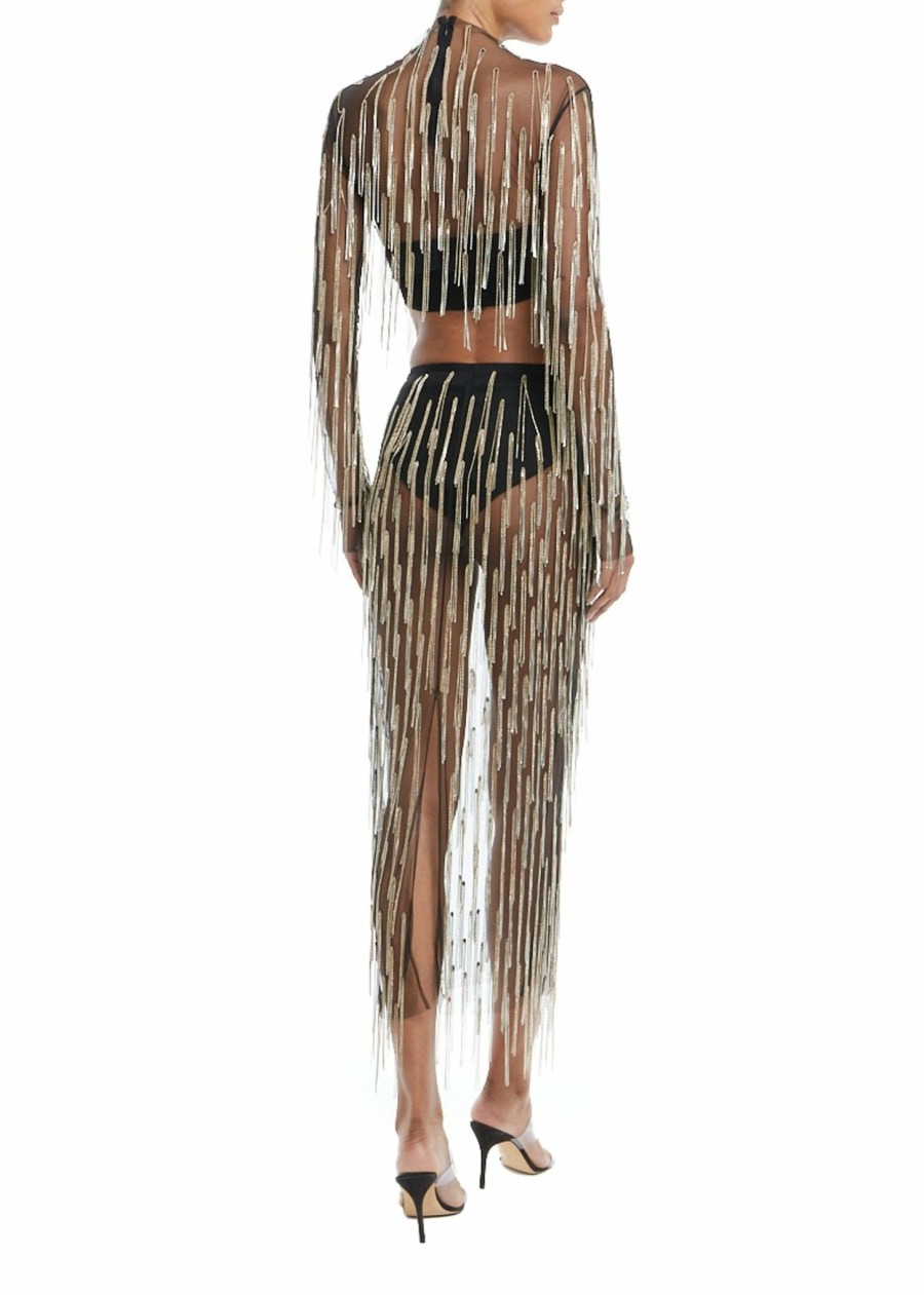 Tops LAPOINTE | Mesh Diamond Fringe Cropped Top Black