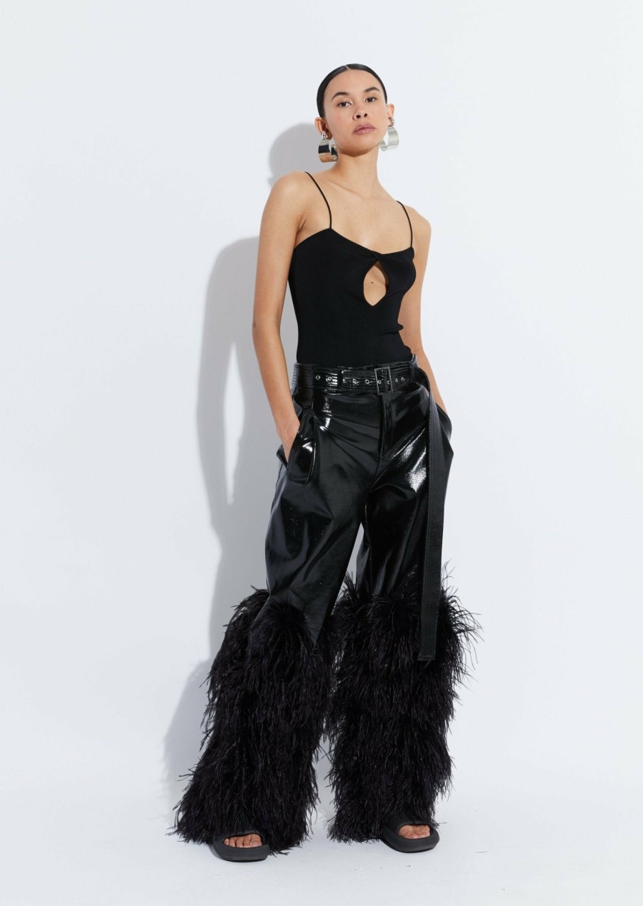 Feathers|Bottoms LAPOINTE | Patent Faux Leather Belted Trouser With Feathers Black