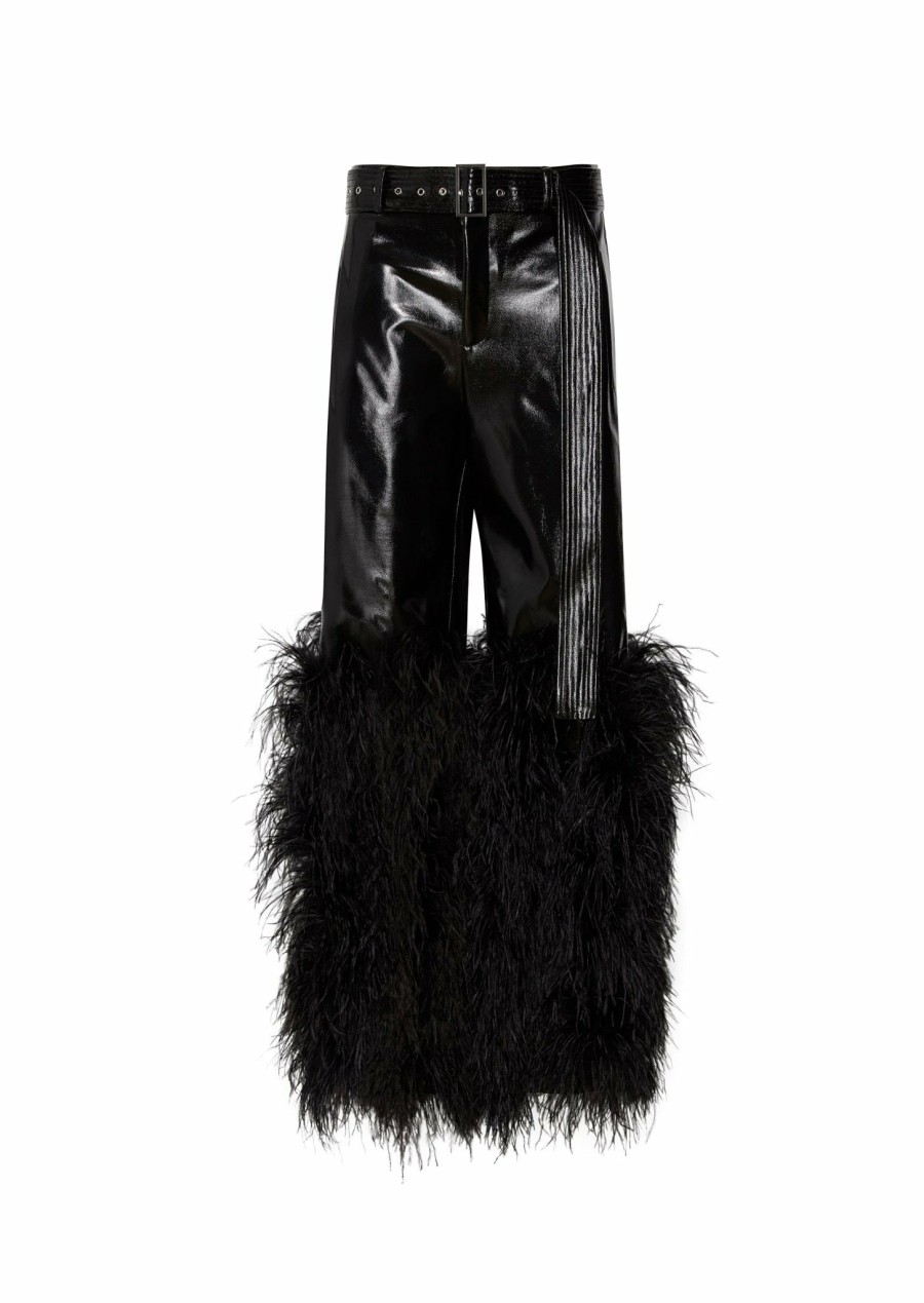 Feathers|Bottoms LAPOINTE | Patent Faux Leather Belted Trouser With Feathers Black