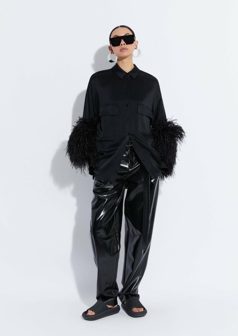 Feathers|Tops LAPOINTE | Satin Button Down With Feathers Black