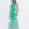 Feathers|Dresses LAPOINTE | Sequin Halter Open Back Gown With Feathers Seafoam