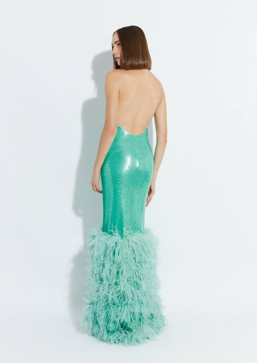 Feathers|Dresses LAPOINTE | Sequin Halter Open Back Gown With Feathers Seafoam