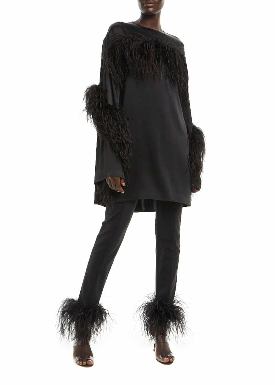 Feathers|Dresses LAPOINTE | Satin Shift Dress With Feathers Black