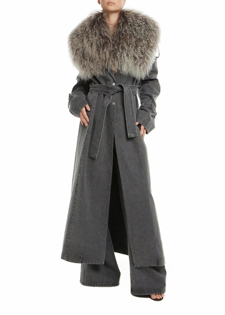 Outerwear LAPOINTE | Washed Denim Relaxed Trench With Shearling Steel