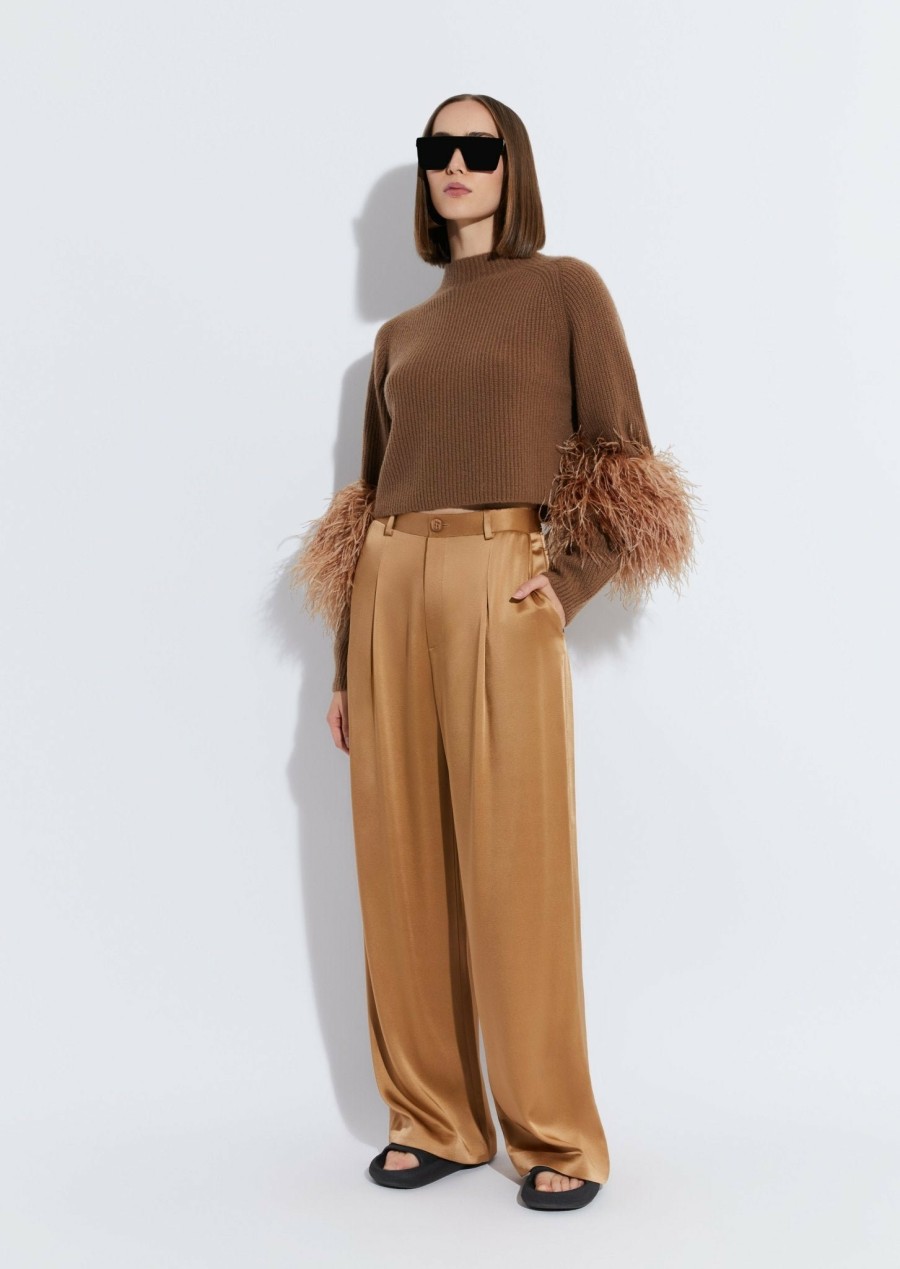 Knitwear|Feathers|Tops LAPOINTE | Cashmere Silk Cropped Raglan Sweater With Feathers Camel